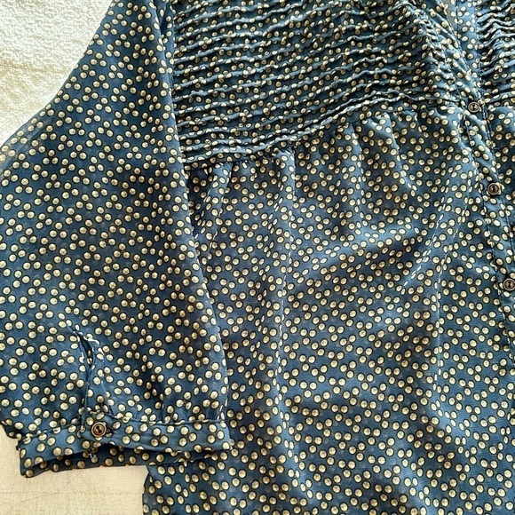 Zara TRF Blouse Pleat Front Dark Blue Yellow Polka Dot Sheer Airy size Large - Picture 13 of 16